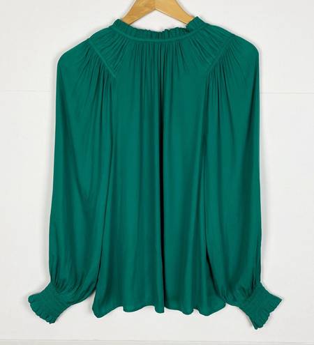 The Loft  Green Pleated Ruffle Tie Neck Long Sleeve Top Size Medium