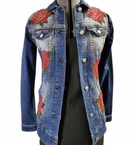 LuLaRoe Womens  Jaxon Red Rose Embroidered Rodeo Denim Jean Jacket - Sz XXS