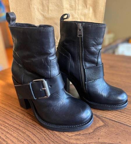 ALLSAINTS  Black Moto Shearling Fur Lined Boots Block Heels Chunky size 36(US6)