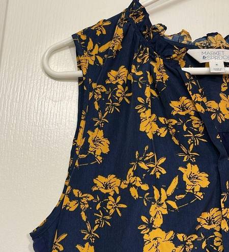 Market & Spruce  Stitch Fix Blue Mustard Floral Sleeveless Blouse Ruffle Size Med