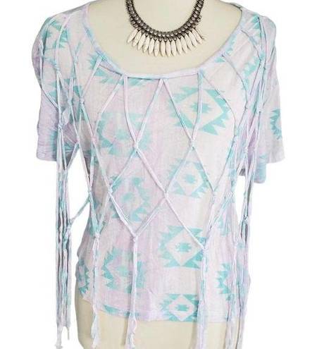 Kirra  Aztec Print with Netted Accent Boho Top Small