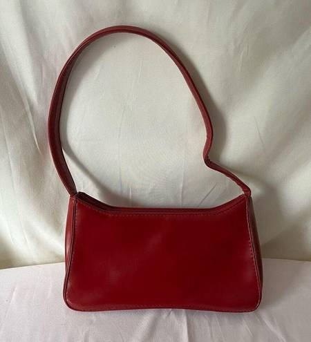 Vintage Y2K Leather Baguette Bag Purse Zip Closure Minimalist Cherry Red