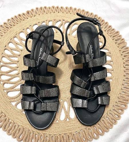 Salvatore Ferragamo  Sirmino Metallic Brushed-Leather Sandals Gunmetal Size 8.5 C