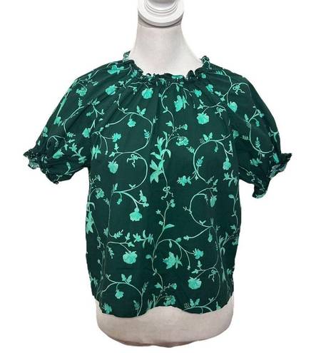 Hill House  The Kit Ruffle Puff Sleeve Top Green Botanical Blouse Womens Size M