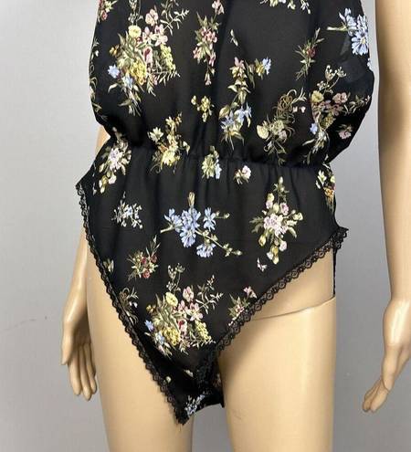 Petra Fashions Vintage  Teddy Bodysuit Lingerie Size Large Sheer Black Floral USA