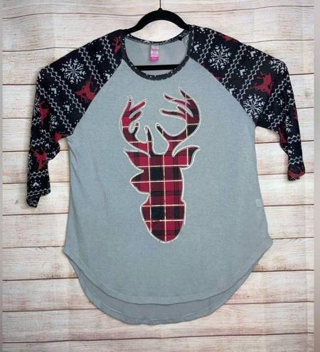 No Bo  Christmas Plaid Deer Tops size X-Large 15/17 grey 3/4 long sleeve holiday