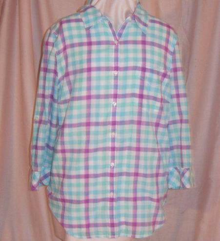 SO Blue Purple Plaid Check  Button Front 3/4 Sleeve Cotton Shirt. Size XL.