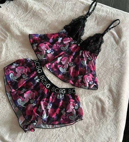 BCBG Lingerie Floral Lacy Night Set Camisole and Shorts Pink / Purple