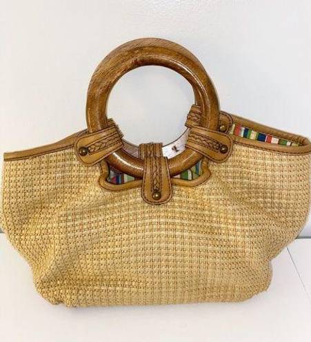 Fossil Vintage  Tan Straw Basket Weave Leather Round Wood Handle Hobo Purse Bag