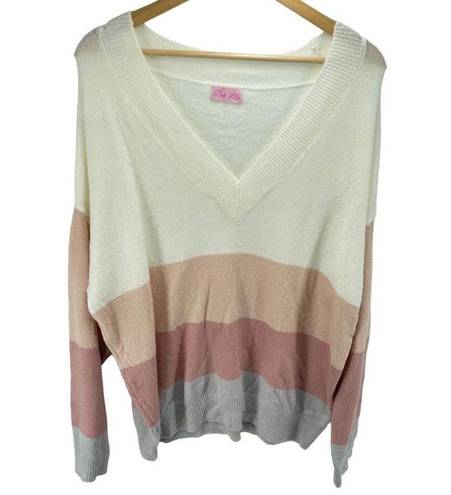 Pink Lily  striped Pullover Sweater Long Sleeve V Neck Color Block Beige Large NW