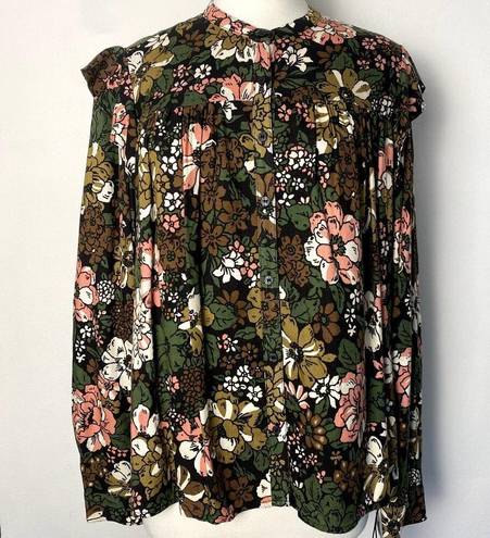 Treasure & Bond  Floral Print Flower Ruffle Frill Trim Button Long Sleeve Shirt