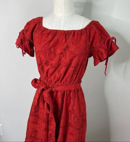 Shoshanna  anthropologie eyelet red belted ruffle midi dress size 2 wedding guest