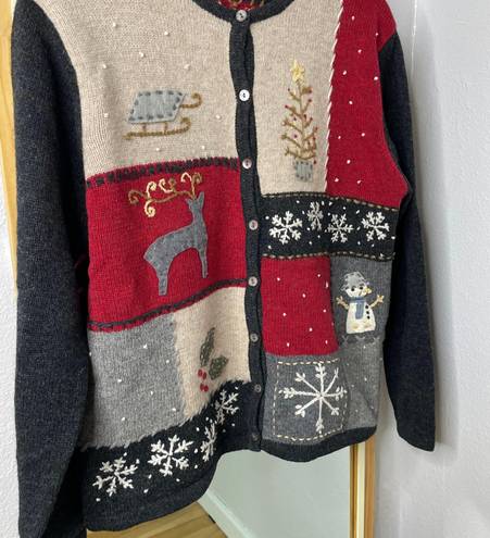 Talbots vintage Christmas reindeer snowflake wool cardigan sweater