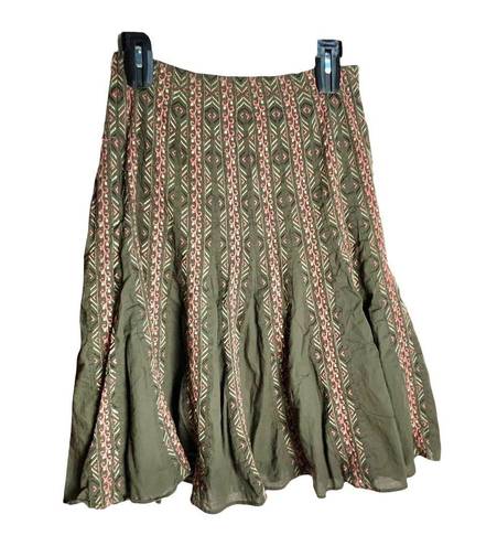 Silkland Olive Green Lined Skirt w Multicolored Embroidered Pattern Wm 6