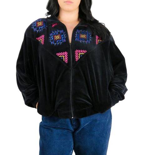 Oleg Cassini  80s Black Velour Embroidered Jacket Retro 80s Rainbow Detail Medium