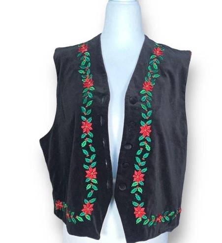 Karen Scott Vintage  Vest Black Velvet Red Green Holiday Poinsettias Embroidery