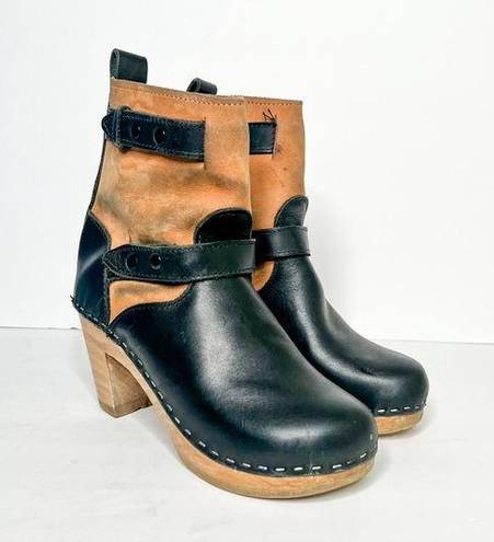 Loeffler Randall  Sven Black Tan Leather Wooden Clogs Booties Size 36 5 Women’s