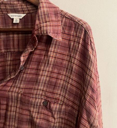 Max Studio  Women’s Red Brown Plaid Relaxed Fit Button Down Shirt Size L