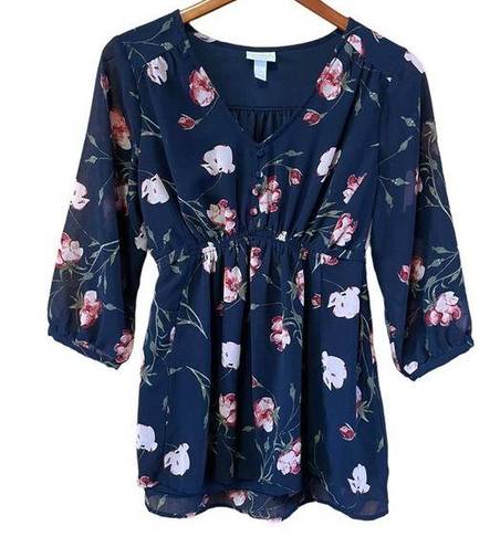 Isabel Maternity  Navy Floral 3/4 Sleeve Babydoll Blouse Size Small