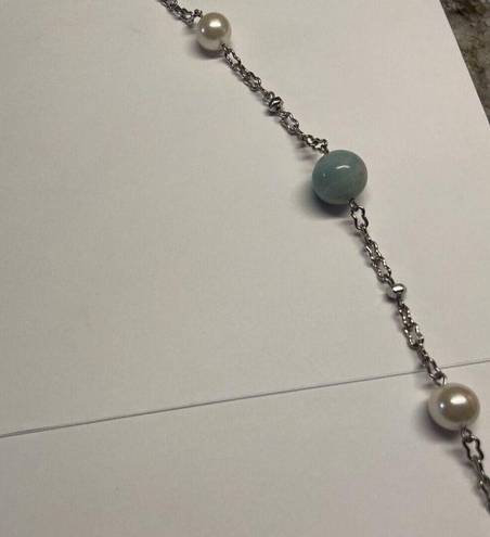 Talbots Signed  Faux Pearl / Blue Silver Tone Bead Statement Costume Necklace