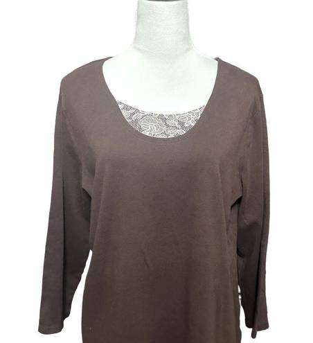 White Stag  Womans Brown Blouse XXl 3/4 Sleeve Floral Inlay 100% Cotton