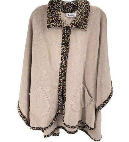 Moda Le  Womens Wrap blanket Sweater Leopard Trim Full Zip Pocket Beige Tan One S