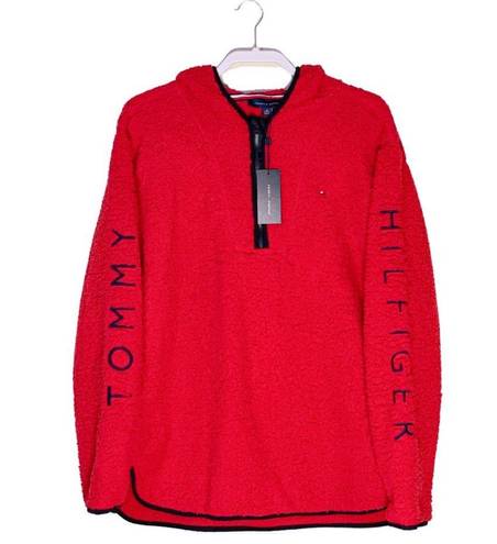 Tommy Hilfiger New  Fluffy Hooded Sherpa Fleece 1/4 Zip Jacket Pullover XL Red