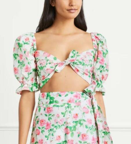 Hill House  The Isabella Top Pink Roses Poplin Puff Sleeve Tie Front Floral