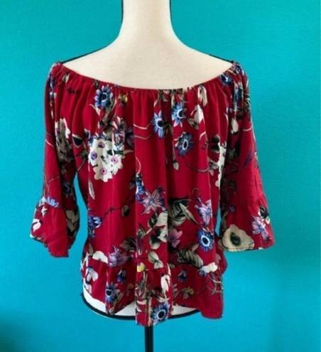 Peach Love California  off the shoulder red floral shirt