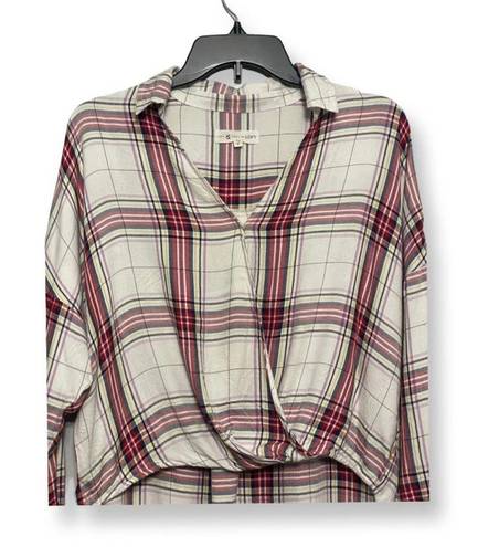 Lou & grey Womens Hi Lo Top Beige Red Plaid Long Sleeve Button Cuff XS