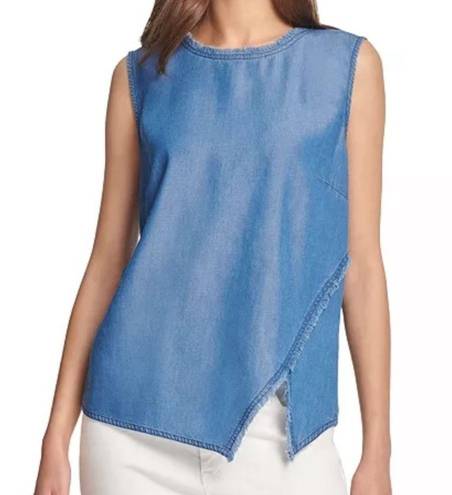 DKNY  Women's Blouse Asymmetric Fringe Linen Top Lagenlook Loose Travel Large