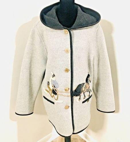 GIESSWEIN Gray Tones Boiled Wool Long Hooded Sweater Coat Horse Sleigh 40 8