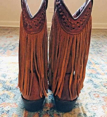 Dingo  Brown Leather Cassidy Cowboy Western Fringed Braided Wood Beads Boots 8