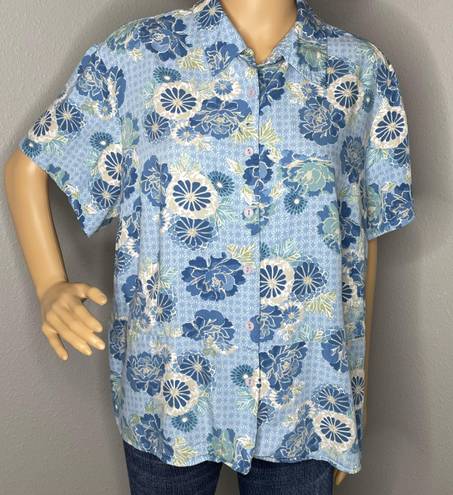 Emma James Short Sleeved Button Down Floral Design Shirt Blue White Size 20W