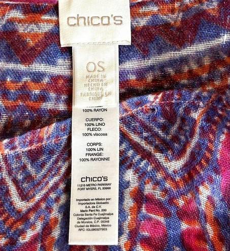 CHICO'S Phoebe Poncho Colorful Sheer Linen ONE SIZE w Beaded Fringe Pink Purple Size M