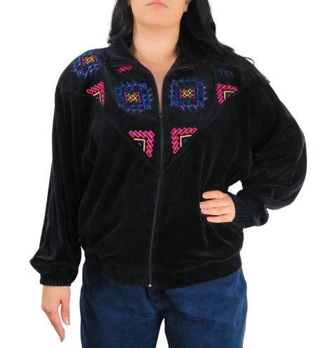 Oleg Cassini  80s Black Velour Embroidered Jacket Retro 80s Rainbow Detail Medium