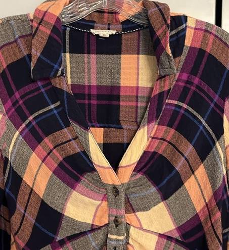 Pilcro  Anthropologie Ruched Deep V Plaid button down shirt sz Small