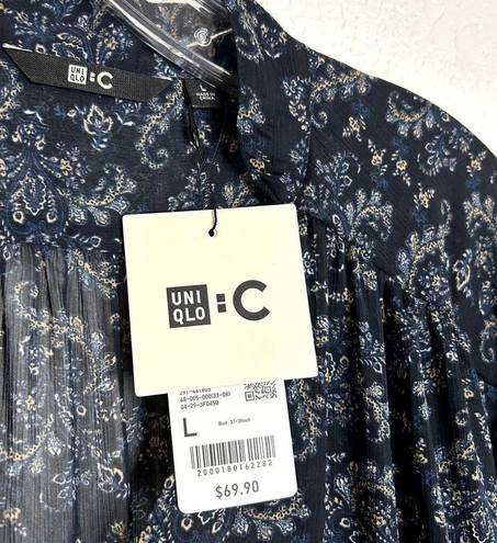 Uniqlo Uniqulo Printed Chiffon Pleated Long Sleeve Dress Womens Size Large Blue NWT NEW