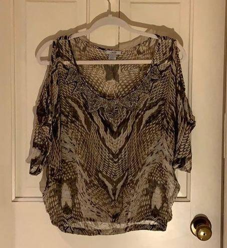 Cache  ✨3 for $30✨ Silk Snakeskin Print Embellished Sheer Top Size Small