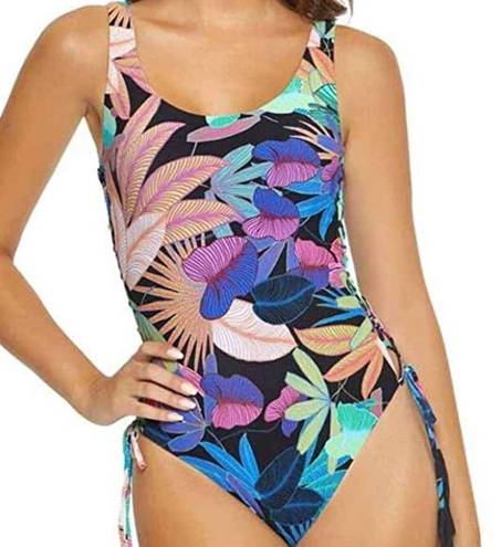 PilyQ  BLACK FLORAL Aralia Lace Up Reversible Lola One Pice Swimsuit