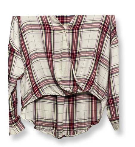 Lou & grey Womens Hi Lo Top Beige Red Plaid Long Sleeve Button Cuff XS