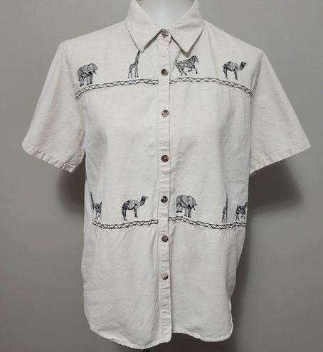 Cabin creek Vintage  Ecru Embroidered Safari Linen Blend Camp Shirt Size Large