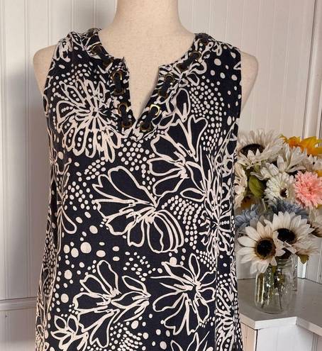 Brooks David  Linen Blend Navy Flowered Sleeveless Top