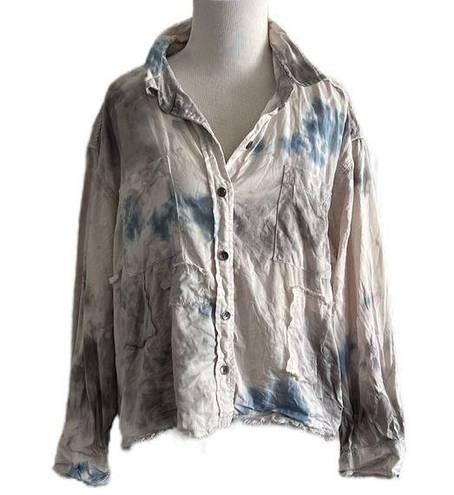 Vintage Havana  Tie Dye Distressed Button Down Hi-Lo Crop Tencel Shirt | Medium