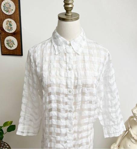 Coldwater Creek Woven Linen Windowpane Plaid Sheer Button Down Top Small