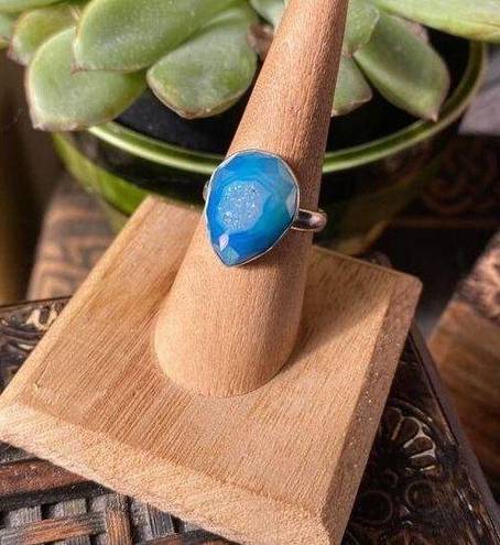 Aura Marine Blue  Druzy Solid Sterling Silver Ring 8.5