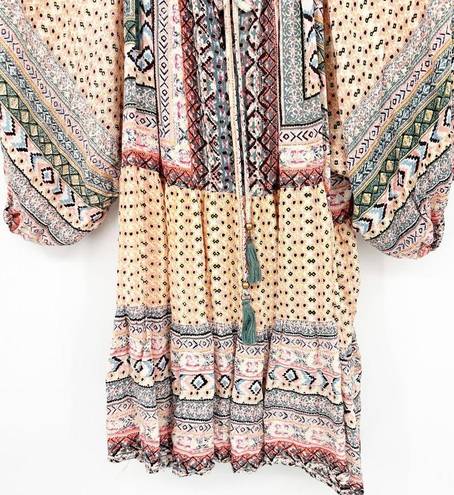 Angie  Womens Boho Chic Mixed Print Bell Sleeve Woven Tunic Dress Size 2X