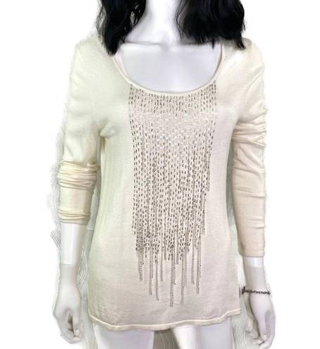 Natori Josie  Beaded Sequin Blouse Fringe Knit Top Long Sleeve‎ Women's Size M