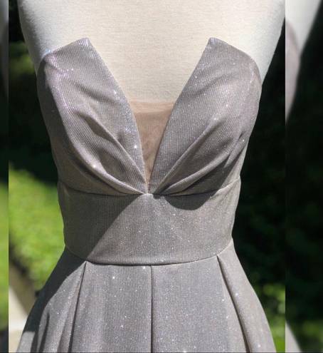 Betsy and Adam  Glittery Silver Strapless Ball Gown Dress