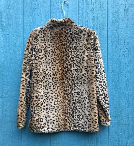 Pink Lily  Women's Size Medium Brown Leopard Print Faux Fur Quarter Zip Sweater